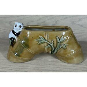 Vtg Panda Bear Bamboo Planter Vase Glazed 4"  x 9" W Oriental Art Deco